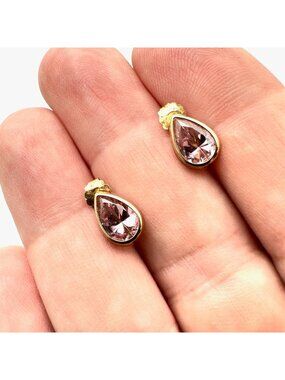 Womens Earrings 10K Gold Pink Cubic Zirconia Teardrop Studs Pierced